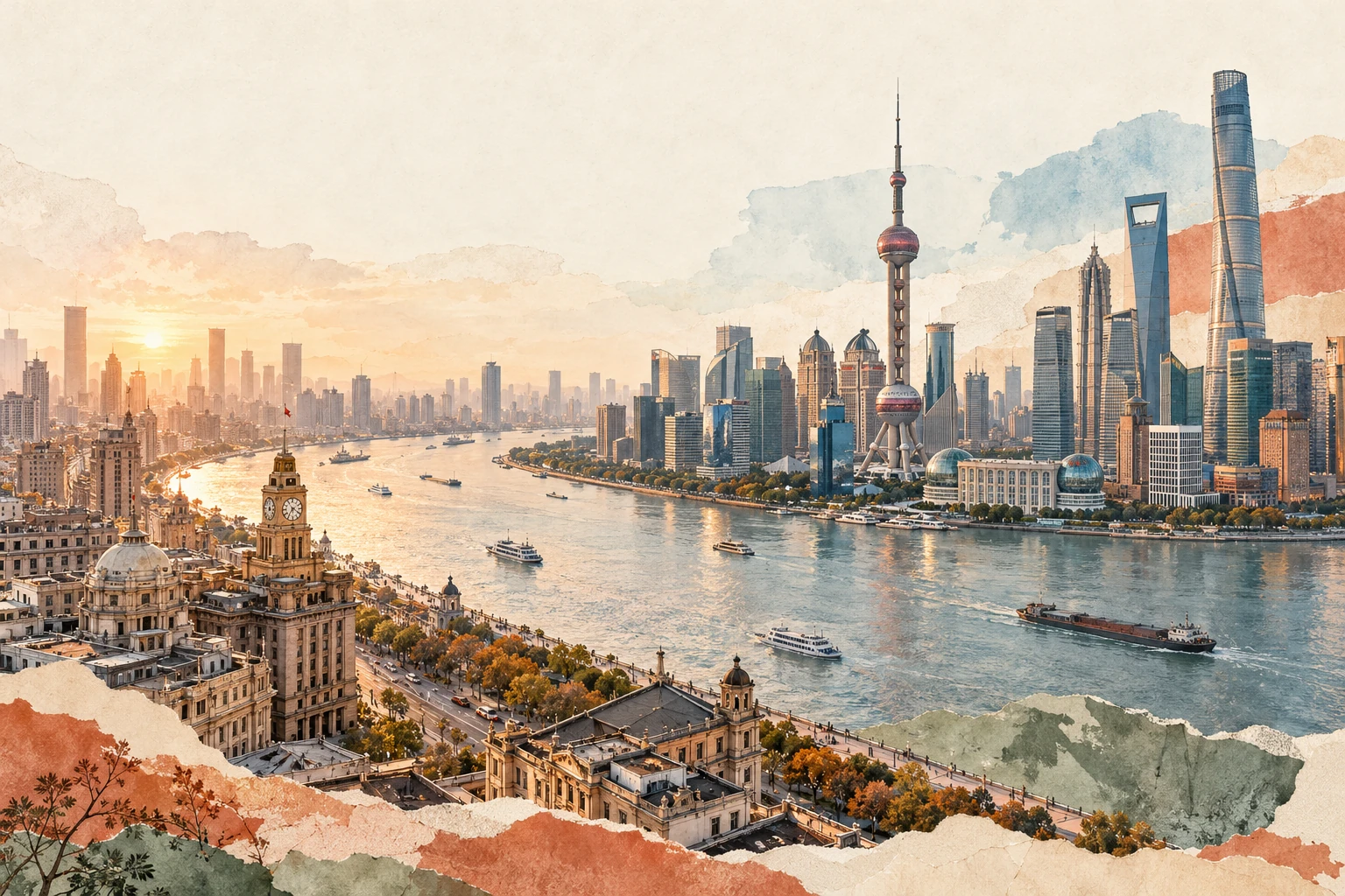 上海江岸建筑的水彩与摄影拼贴插画